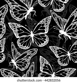 Butterflies seamless pattern, monochrome, coloring book, black and white illustration in boho style, hippie, bohemian. Black and white butterfly wings on black background. Exotic Insect. Textile