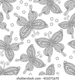 Butterflies seamless pattern, monochrome, coloring book, black and white illustration. Black and white butterfly wings on a white background. Exotic Insect. Textile