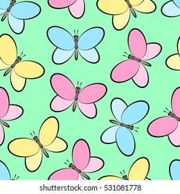 Butterflies. Seamless pattern on green background.