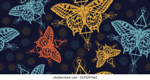 Butterflies. Seamless pattern. Packing old paper, scrapbooking style. Vintage background. Medieval manuscript, engraving art. Beautiful Swallowtail. Mystical symbol of freedom, nature, tourism