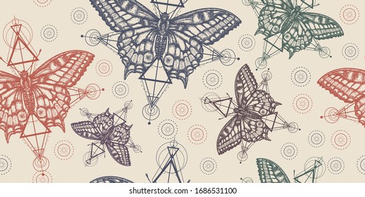 Mariposas. Patrón sin problemas. Embalaje de papel antiguo, estilo de scrapbooking. Fondo vintage. Manuscrito medieval, arte grabador. Hermosa cola de cisne. Símbolo místico de libertad, naturaleza, turismo