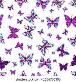 Butterflies seamless pattern in purple, white and blue colors. Perfect for web page backgrounds, wallpapers, textile, surface textures. Cute Vector illustration.
