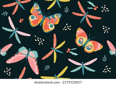 Butterflies seamless pattern. Repeating design element for printing on gift wrapping. Insects and fauna, bright and cute characters. Stylish poster or banner. Cartoon flat vector illustration