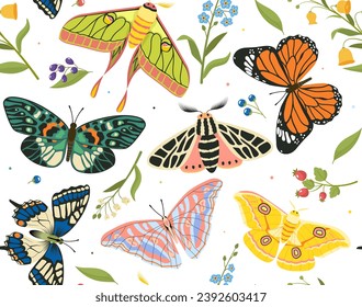 Butterflies seamless pattern. Repeating design element for printing on fabric. Colorful insects with wings. Nature and wild life, fauna. Zoology and biology. Cartoon flat vector illustration