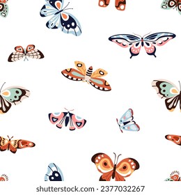 Schmetterlinge, nahtloses Muster, sich wiederholender Druck. Frühling und Sommer Naturhintergrund, unendliche Textur-Design. Motten fliegen, wiederholbare Dekoration für Gewebe, Textilien, Umhüllung. Flache Vektorgrafik