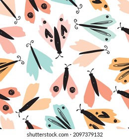 Butterflies seamless pattern in Scandinavian style. Drawn butterflies in a simple childish cartoon style. Colored vector seamless pattern. Isolated over white background.