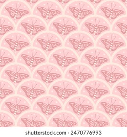 Butterflies seamless pattern. Summer pollinators monochrome endless background. Pink scalloped pattern. Classic childish mood repeat cover motif. Vector flat hand drawn illustration.