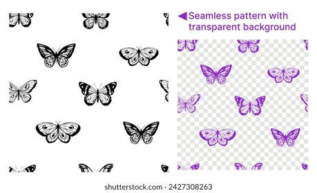 Butterflies, seamless pattern vector illustration, hand drawn, sketch, black outline, engraving style