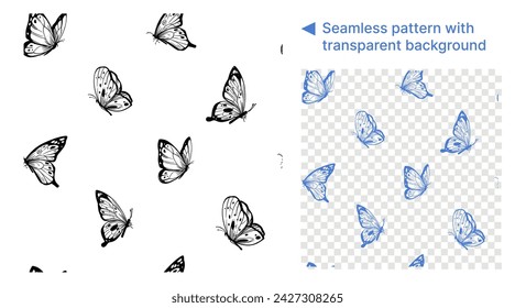 Butterflies, seamless pattern vector illustration, hand drawn, sketch, black outline, engraving style