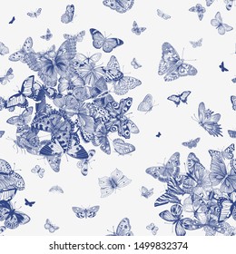 Butterflies. Seamless pattern. Vector vintage classic illustration. Blue and white