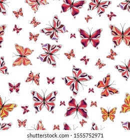 Butterflies seamless pattern in white, purple and pink colors. Cute Vector illustration. Perfect for web page backgrounds, wallpapers, textile, surface textures.