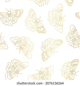Butterflies seamless vector pattern gold metallic foil effect. Butterfly golden background line art butterflies on white. Elegant hand drawn design for spring decor, summer, wrapping, surface design.