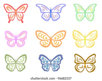 Butterflies A set of 9 Butterflies. Style = Clean. Colors = Pastel.  This image contains transparencies. File saved as EPS version 10.