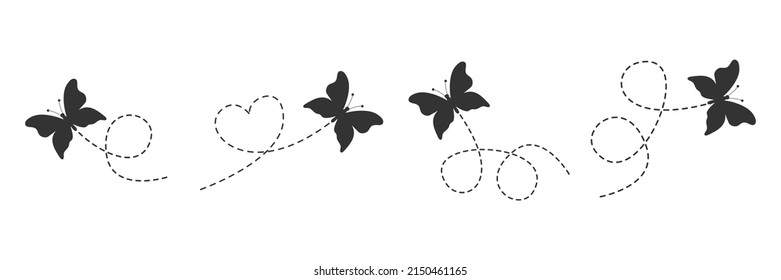 Mariposas puestas. Silueta de mariposa volando por una ruta punteada. Insectos de belleza con alas abiertas. Vector aislado sobre fondo blanco.