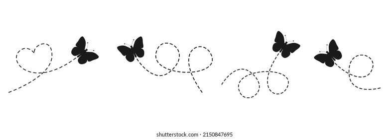 Butterflies set. Butterfly silhouette flying on dotted route. Beauty insects with open wings. Vector isolated on white background.