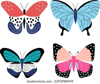 butterflies set, collection in doodle style isolated