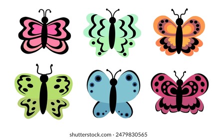 Butterflies set. Different abstract ornament design wings. Insect colorful collection. Vector illustration isolated on white background.