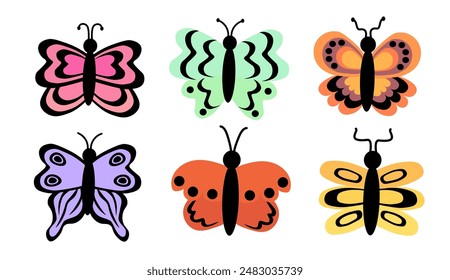 Butterflies set. Different abstract ornament design wings. Insect colorful collection. Vector illustration isolated on white background.