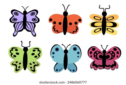 Butterflies set. Different abstract ornament design wings. Insect colorful collection. Vector illustration isolated on white background.