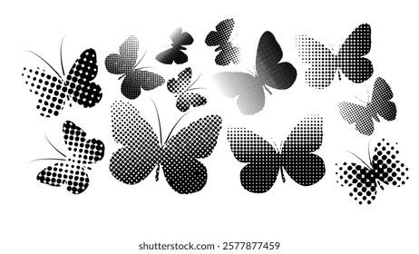 Butterflies set of dots halftone. Hand drawing Not AI. Vector illustration