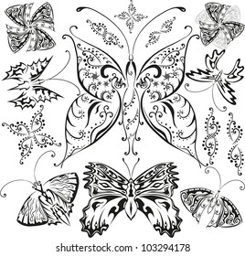 Butterflies set with flowers and decorative elements