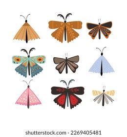 Mariposas, conjunto de colección dibujada a mano sobre fondo blanco aislado. Ilustraciones vectoriales. Flores creativas, bellas mariposas.