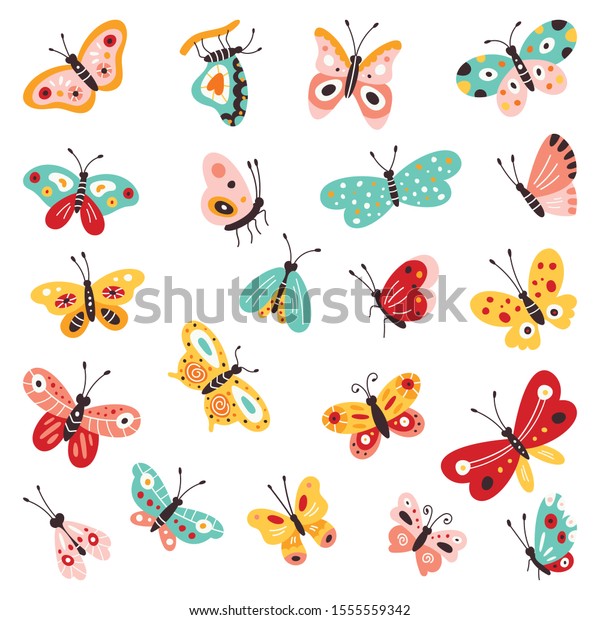 白い背景に蝶 手描きのコレクション ベクターイラスト クリエイティブな羽ばたく美しい蝶 のベクター画像素材 ロイヤリティフリー