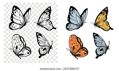 Conjunto de mariposas, ilustración vectorial dibujada a mano, boceto, contorno negro, estilo de grabado