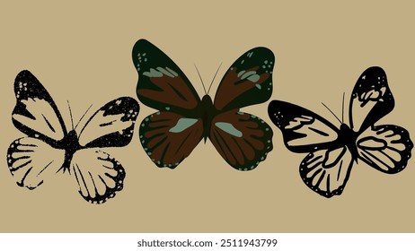 Butterflies set silhouette and vintage grunge photo copy effect, y2k banner design element. Vector illustration.