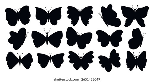 Butterflies, set of silhouettes. Black vector clipart. Ideal for stamps, stickers, prints and minimalist natural designs.
