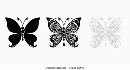  Butterflies set simple hand drawn outline vector black and white illustration, butterfly vectors, coloring page for relax and meditation ,butterfly tattoo design