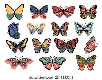 Butterflies set, variety of species and color of wings. Vector isolated beautiful winged creatures with antennae, biodiversity or museum collection. Nectar feeding insect, fauna and environment