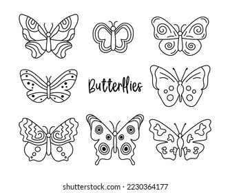 Butterflies set. Vector collection of doodle insects isolated. Black butterfly on white background. Outline design elements.