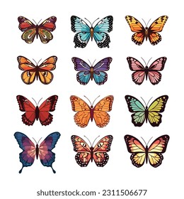 Butterflies set vector isolated on white