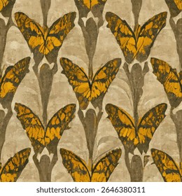 Butterflies in shades of mustard and brown, grunge lines ikat pattern, ikat seamless pattern, Vector illustration background for print the paper.