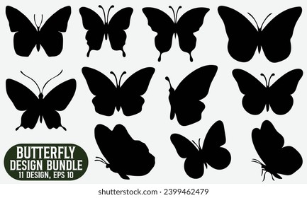 Butterflies Silhouette Design, Handmade Calligraphy Vector Illustration, Set Of Butterflies Of Different Shapes, Isolated On White Background.