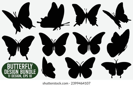 Butterflies Silhouette Design, Handmade Calligraphy Vector Illustration, Set Of Butterflies Of Different Shapes, Isolated On White Background.