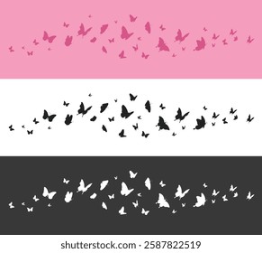 Butterflies silhouette flying isolated on white, black and pink background. Vector illustration set