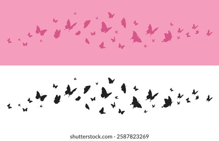 Butterflies silhouette flying isolated on white and pink background. Vector illustration set