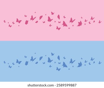 Butterflies silhouette flying isolated on pink and blue background. Vector illustration set.