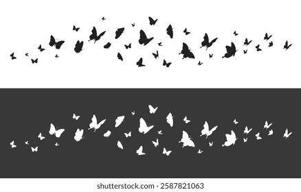 Butterflies silhouette flying on white background. Vector illustration set isolated on black and white background