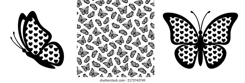 Butterflies silhouette seamless pattern and side view monarch butterfly. Creative valentine vector icon and seamless texture swatch background for decorative greeting print design, gift certificate