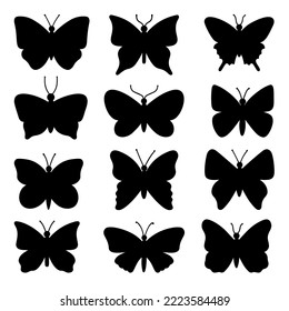 Butterflies silhouette set. Flying insects. Hand drawn vector illustration isolated on white background
