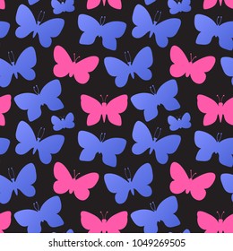 Butterflies silhouette. Vector Art seamless pattern isolated on black background. Hand drawing. Bright fashion ornament for children.