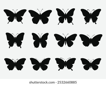 Butterflies silhouette. Vector illustration. Set of doodle black butterfly silhouettes on wings isolated on white background.