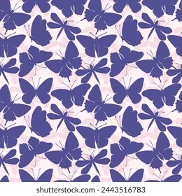 Butterflies silhouette vector seamless pattern background for textile, fabric, wallpaper, scrapbook. Insects with wings drawing for surface design in pastel color.