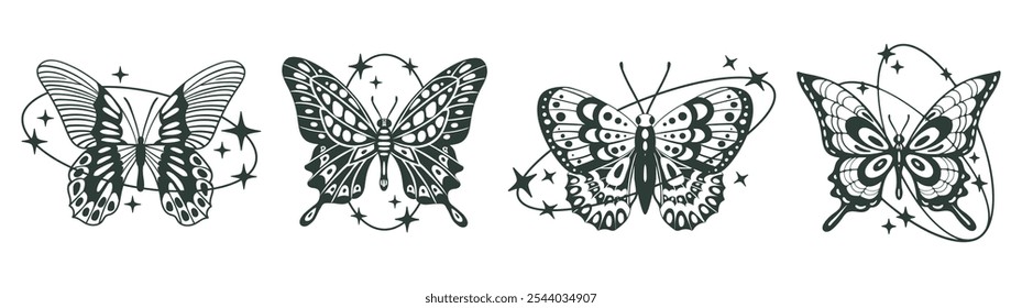 Butterflies silhouettes. Abstract y2k aesthetic insects, butterfly silhouettes with sparkle stars and oval shapes decor flat vector illustration set. Cartoon butterflies on white