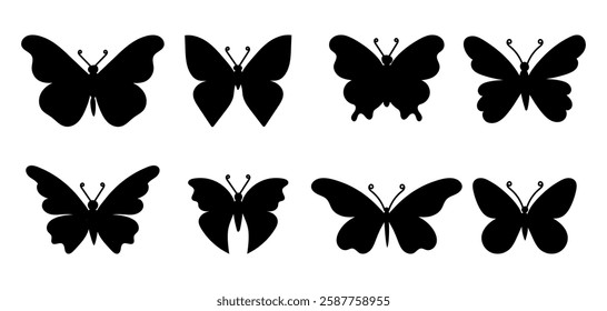 Butterflies silhouettes black set, collection of vector butterfly icons isolated on white background. Ideal for graphic design, websites and mobile applications.