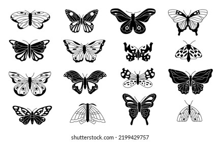 Butterflies Silhouettes Black Sketches Flying Winged Stock Vector ...