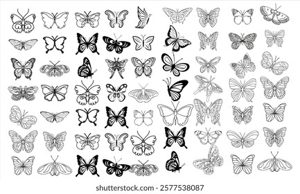 Butterflies silhouettes Black sketches of flying winged insects monochrome doodle butterfly contours for tattoo engraving decoration Vector isolated set